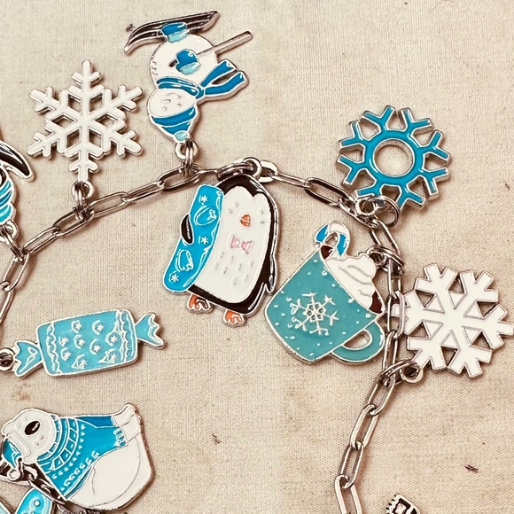 Handcrafted Winter Enamel Charms Bracelet Small Stainless Steel Paperclip Chain - Picture 2 of 8